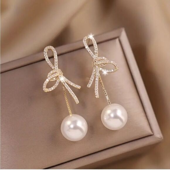 RESTOCKED Gold Diamond Bow Pearl Drop Earrings - Picture 1 of 3